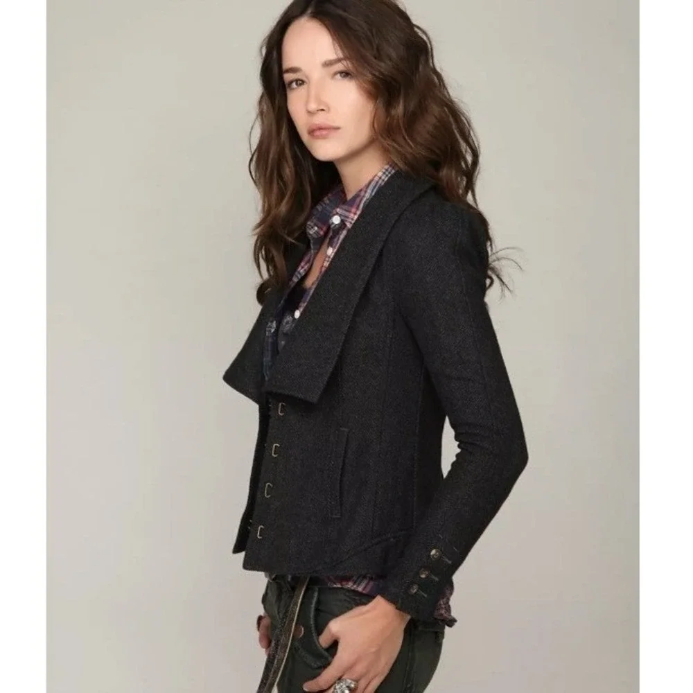 Free People Herringbone Puff Shoulder Blazer Jacket Charcoal Grey Size 6